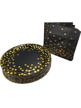 Black & Gold Polka Dot Party Plates & Napkins Set Elegant Disposable Tableware F
